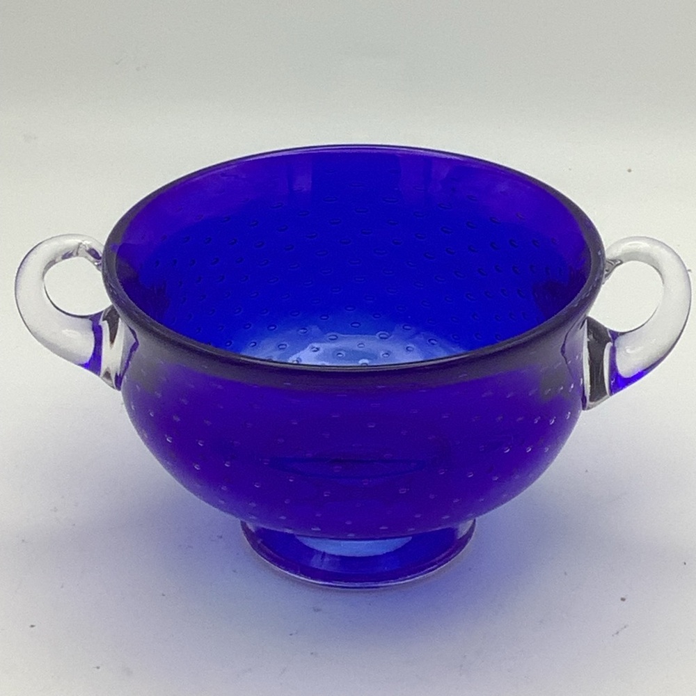 Alex Brand Blue Art Glass Bowl with Clear Handles
